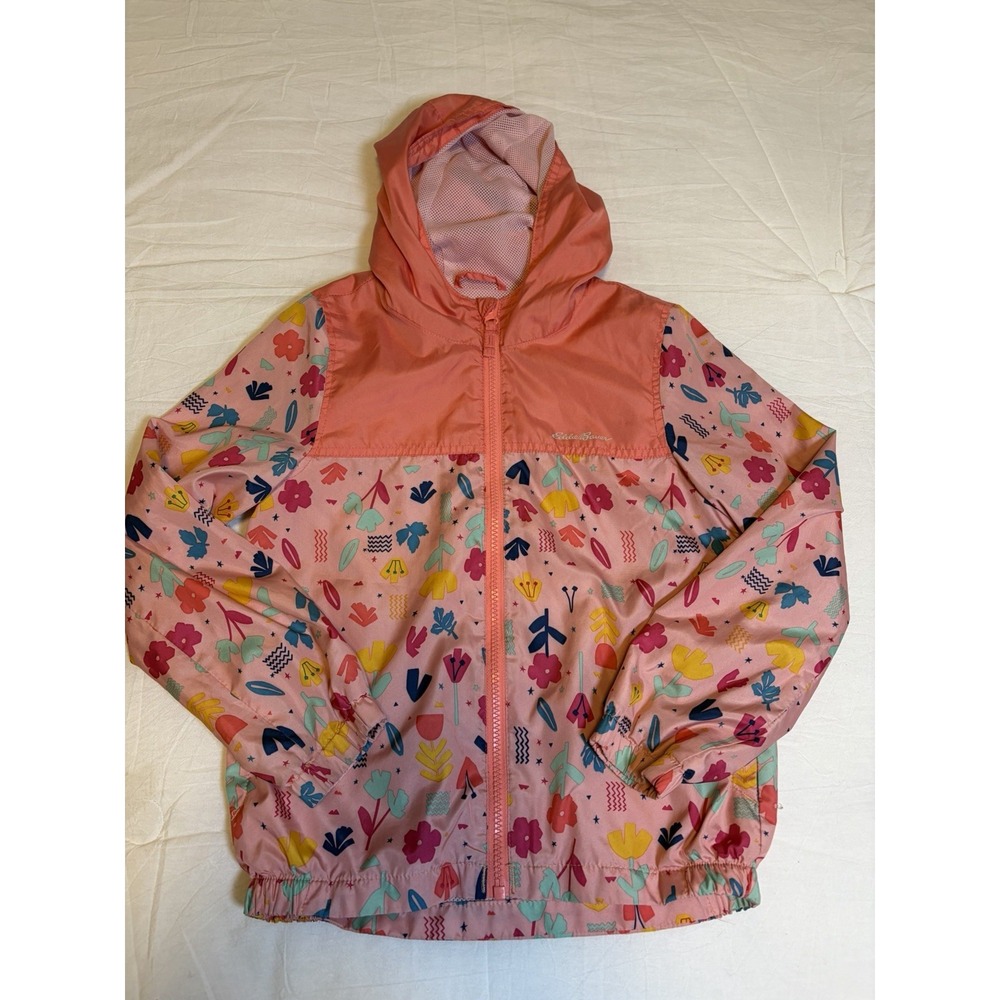 Eddie Bauer Kids Girls 7 Hooded Windbreaker Jacket Pink Floral Full Zip Pockets - Picture 4 of 12